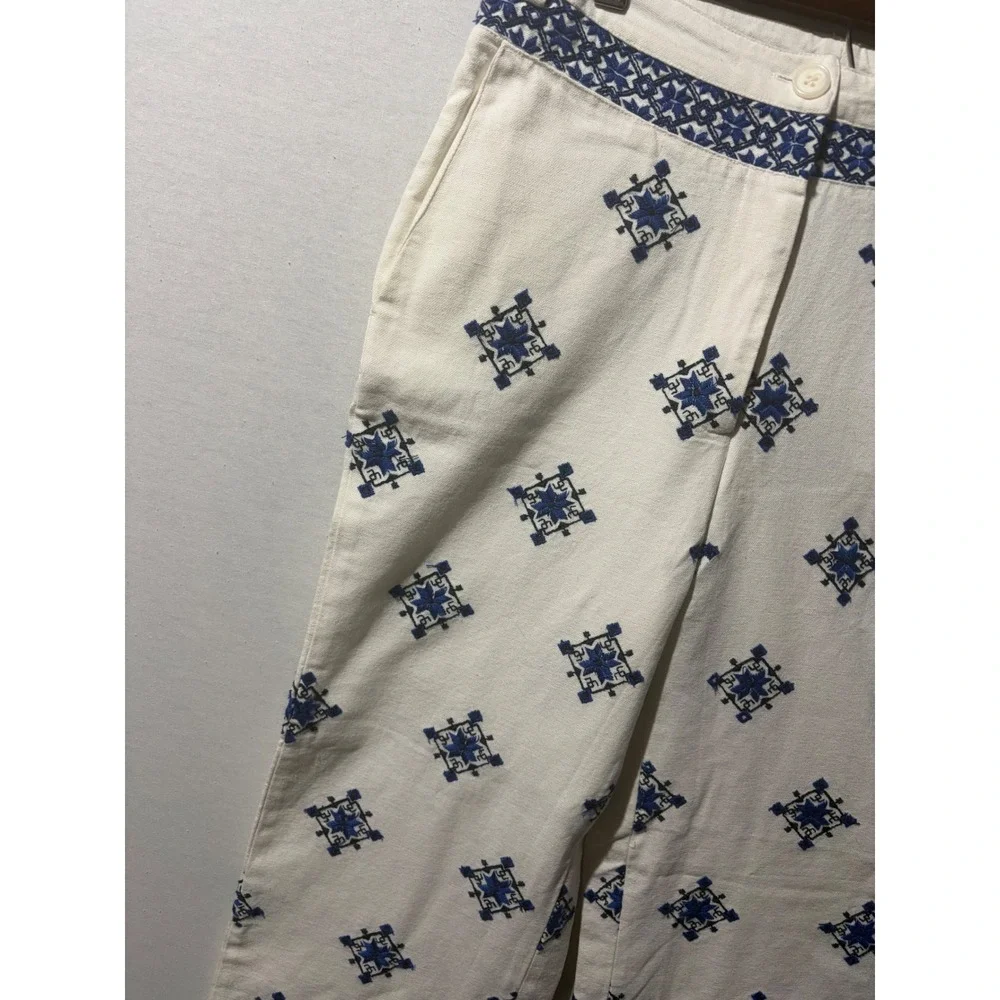 Mango White Blue Geometric Embroidered‎ Wide Leg Cropped Pants Size 4 NWT